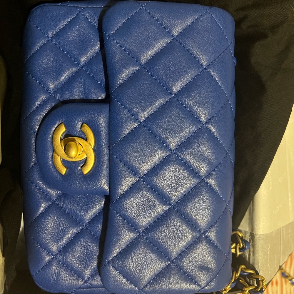 CHANEL Quilted CC GHW Mini Square Chain Shoulder Bag Leather Blue